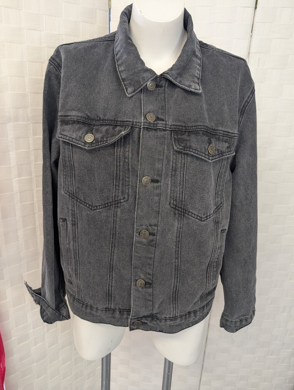 Denim Jacket 'Sinister' Cross Written In Rhinestones Black Denim Jacket Sz L - Picture 2 of 6